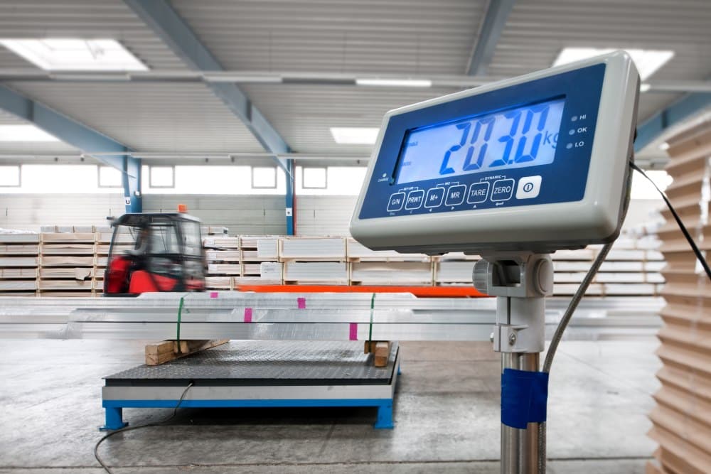 A weight sensor measuring metal objects in an industrial setting.