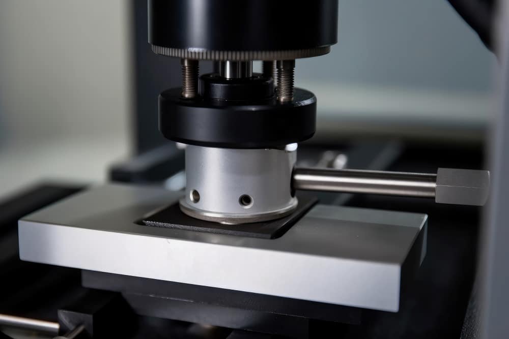 Close-up of a tensile testing machine's load cell measuring the force required to break a metal sample during analysis.