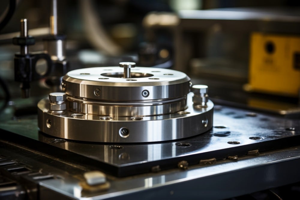 Close-up of a shiny, metallic load cell in an industrial setting, with complex machinery and equipment in the background.